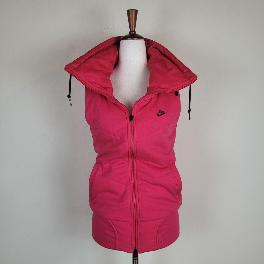 Nike Vest Small Pink Puffer Funnel Collar Zip Hood Sleeveless Athleisure Sporty